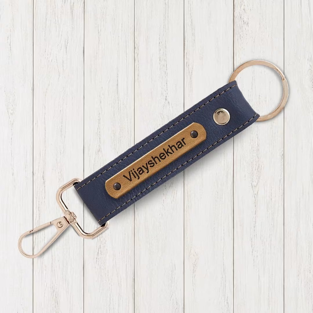 Grey Vegan Leather Keychain with name (Golden Hook)