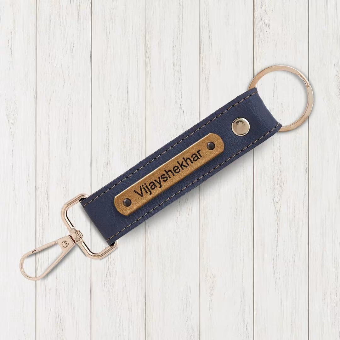 Grey Vegan Leather Keychain with name (Golden Hook)