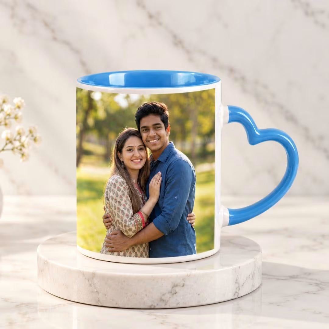 Light Blue Heart Handle Ceramic Photo Mug