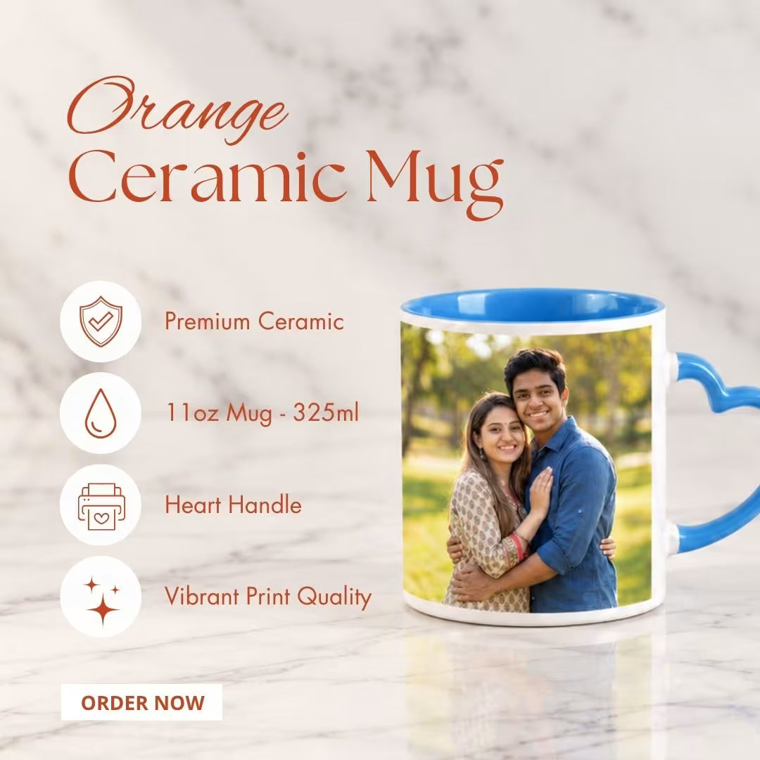 Light Blue Heart Handle Ceramic Photo Mug