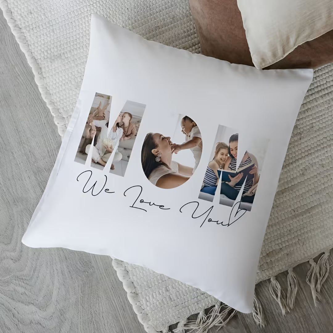 Personalized MOM Photo Square Satin Pillow