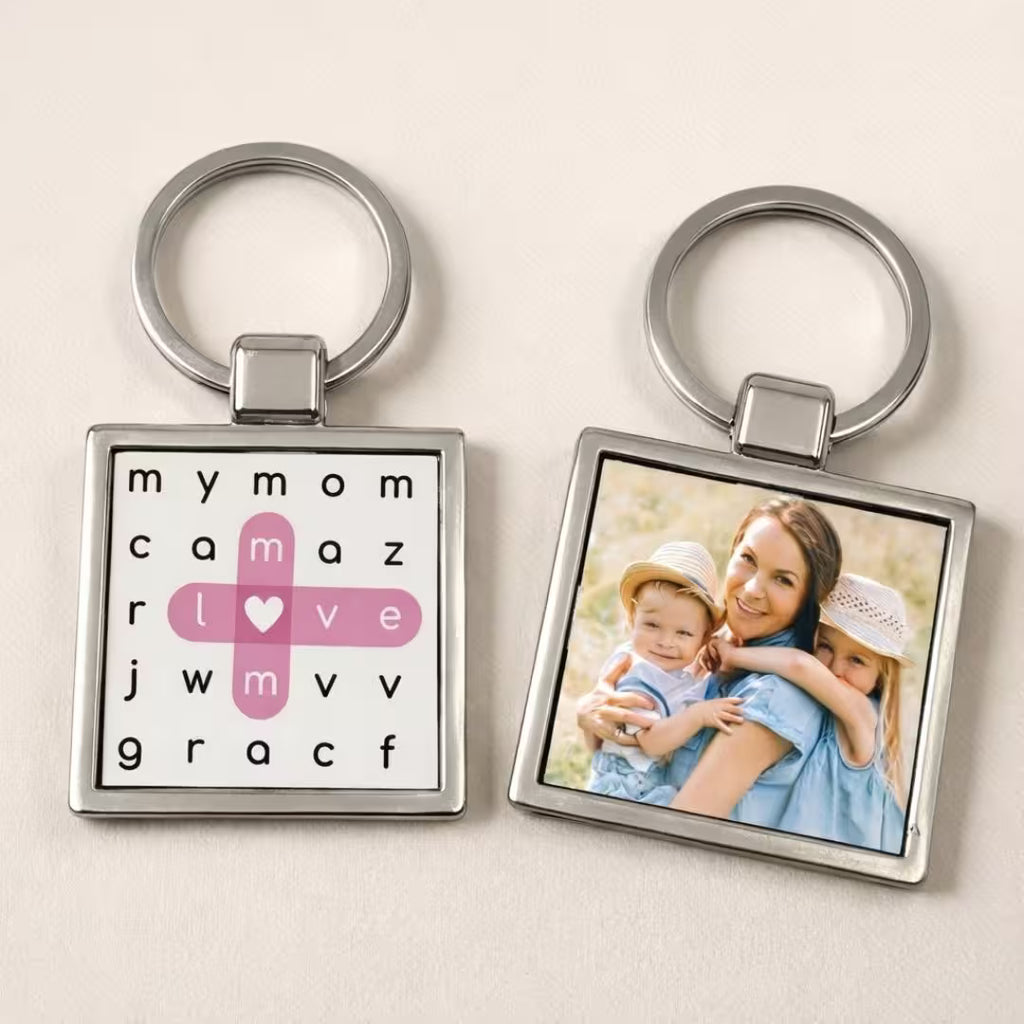 Personalized Photo Metal Keychain – Double-Sided Crossword Keyring