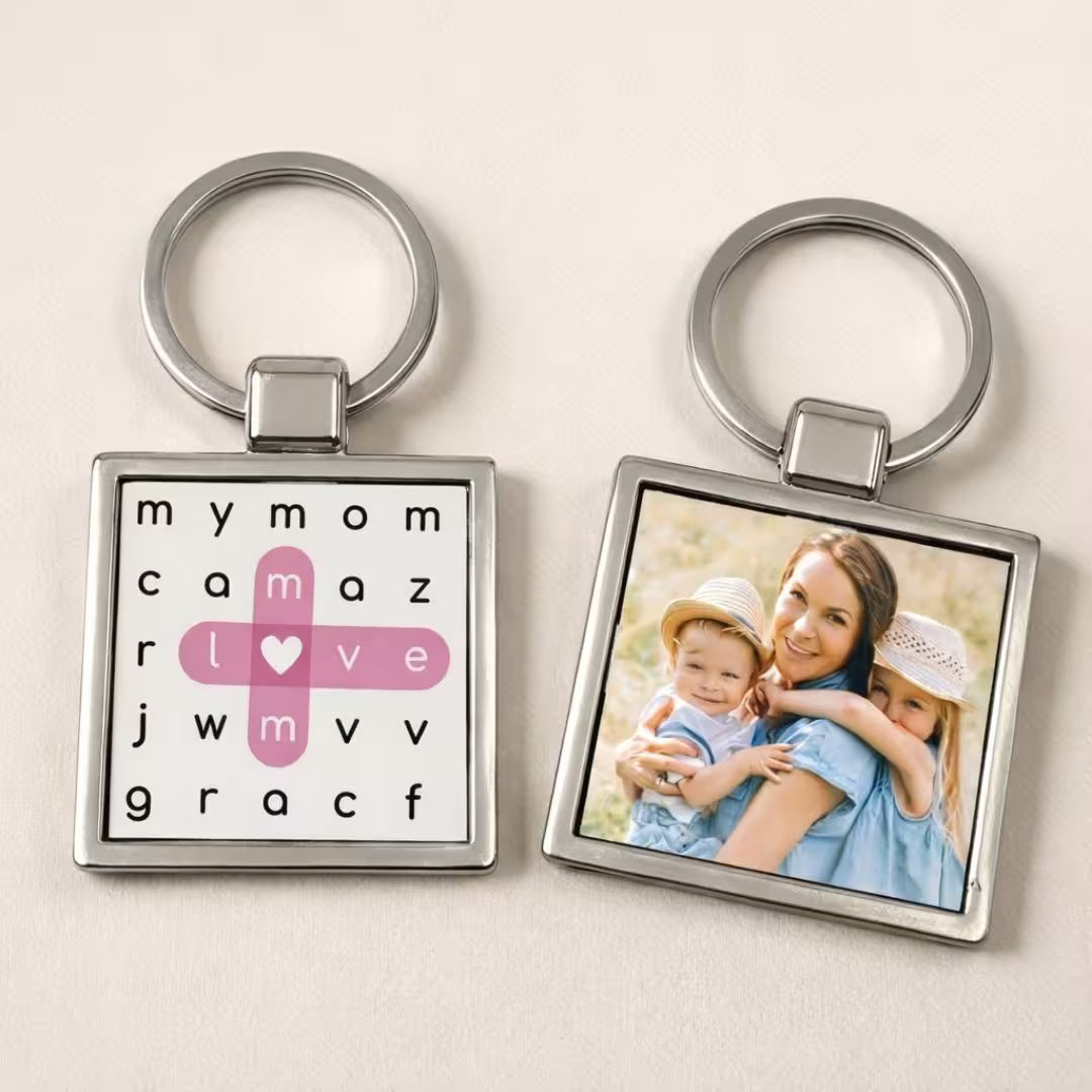 Personalized Photo Metal Keychain – Double-Sided Crossword Keyring