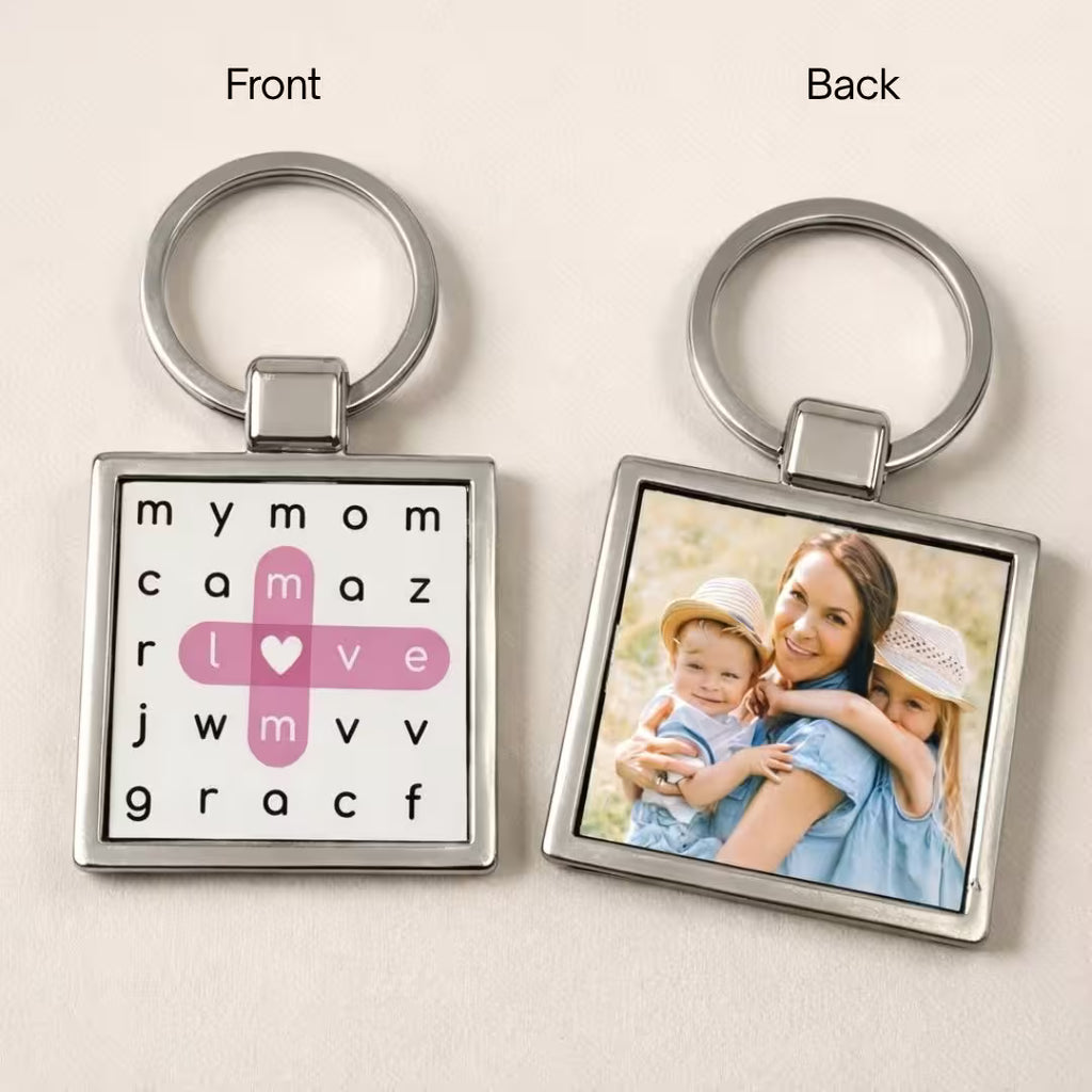 Personalized Photo Metal Keychain – Double-Sided Crossword Keyring