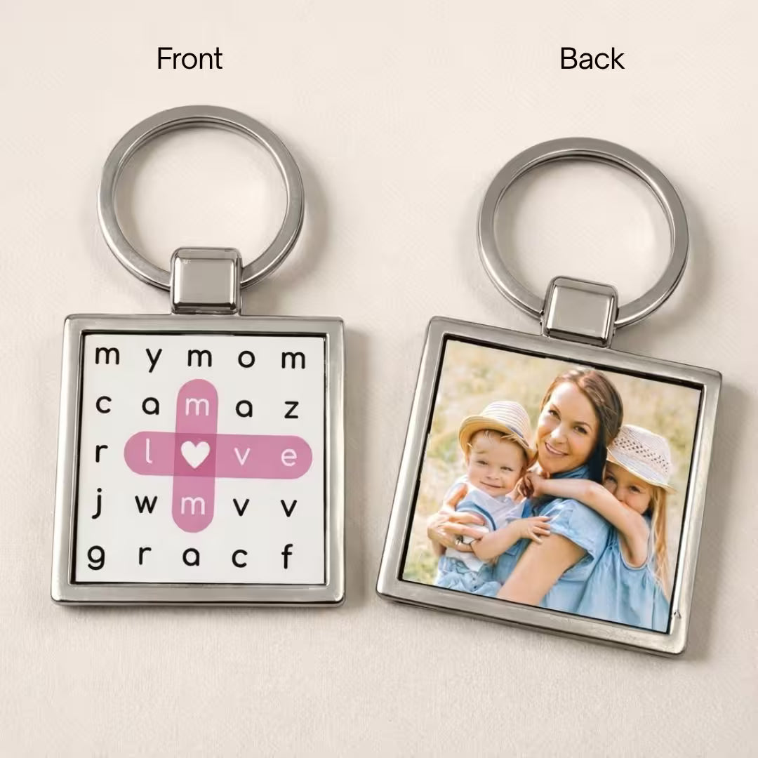 Personalized Photo Metal Keychain – Double-Sided Crossword Keyring