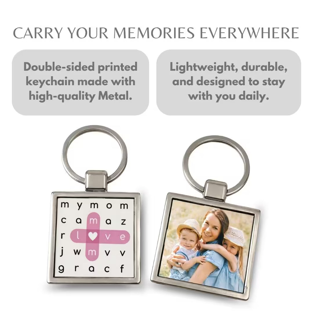 Personalized Photo Metal Keychain – Double-Sided Crossword Keyring