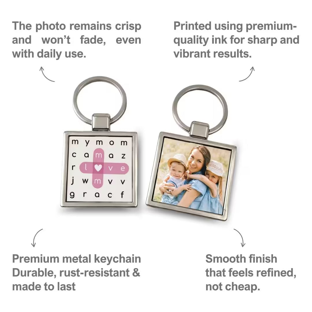 Personalized Photo Metal Keychain – Double-Sided Crossword Keyring