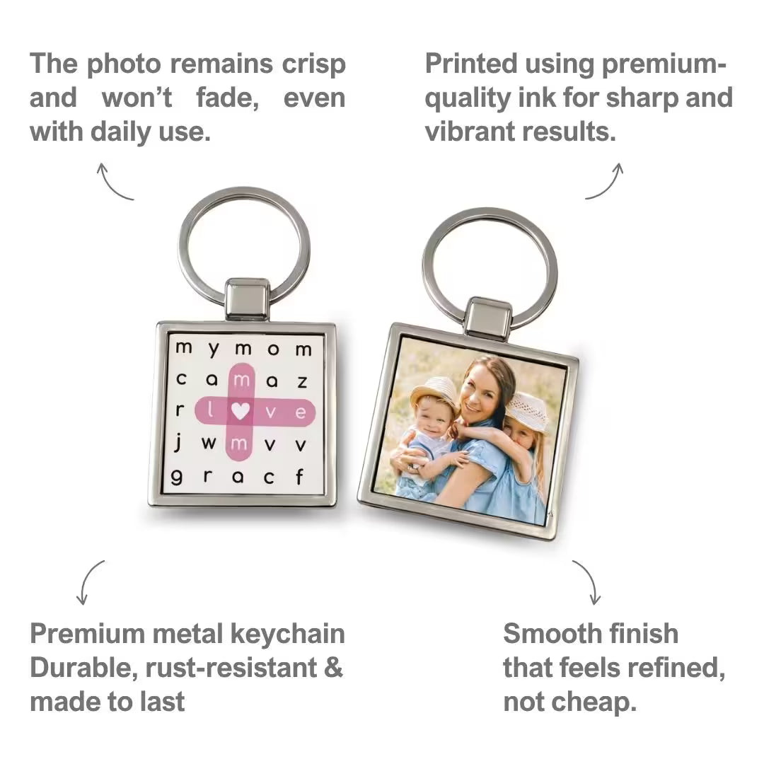Personalized Photo Metal Keychain – Double-Sided Crossword Keyring