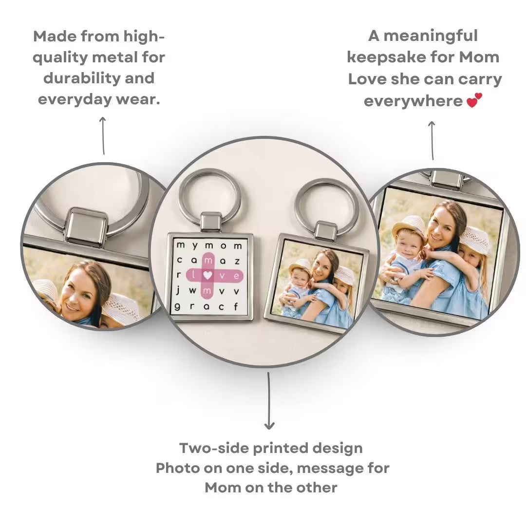 Personalized Photo Metal Keychain – Double-Sided Crossword Keyring