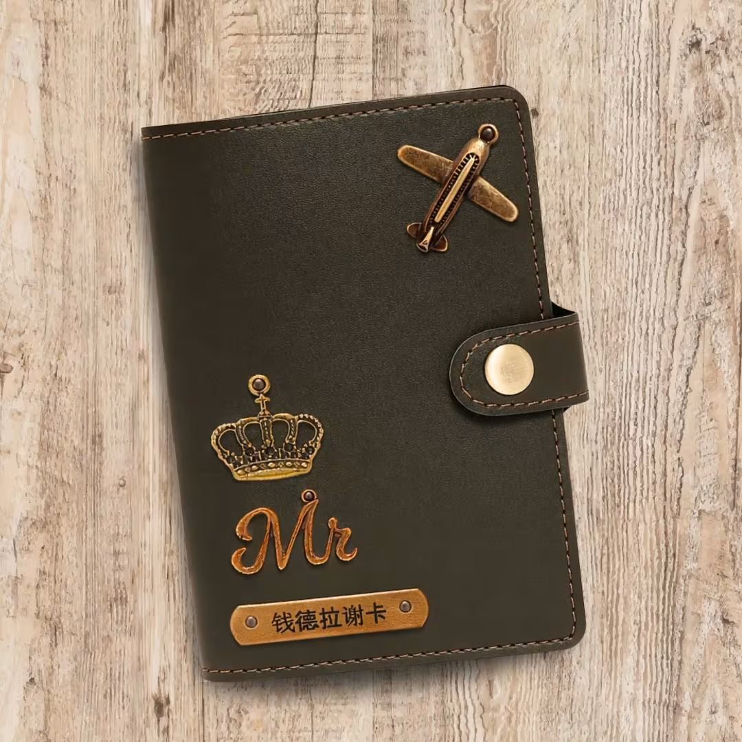 Personalized Button Passport Cover - Dark Olive Green
