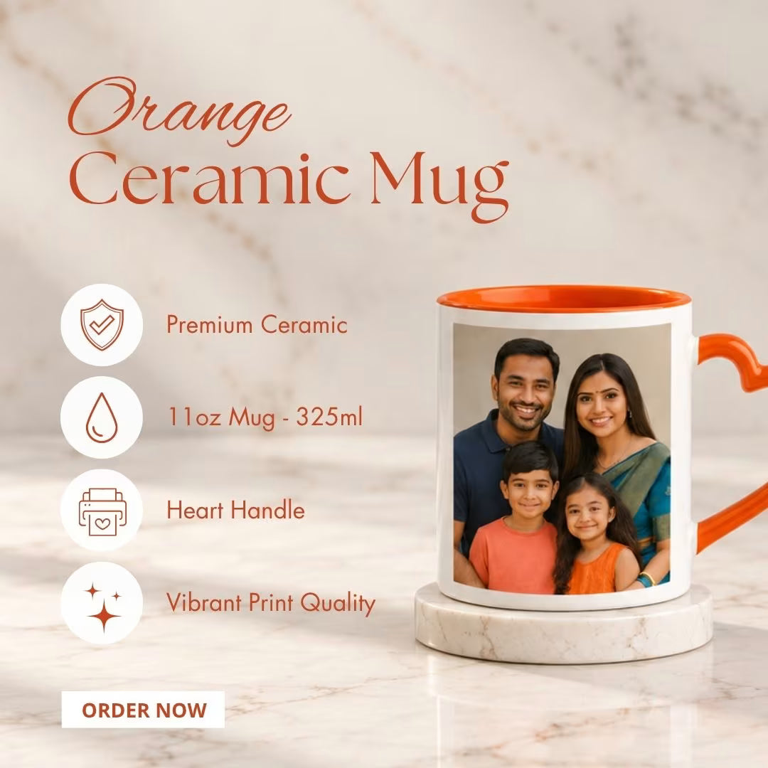Orange Heart Handle Ceramic Photo Mug