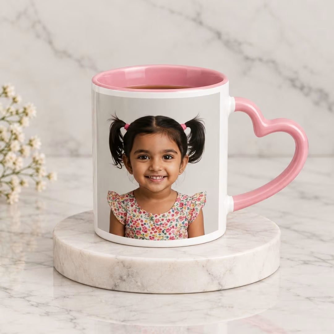 Pink Heart Handle Ceramic Photo Mug