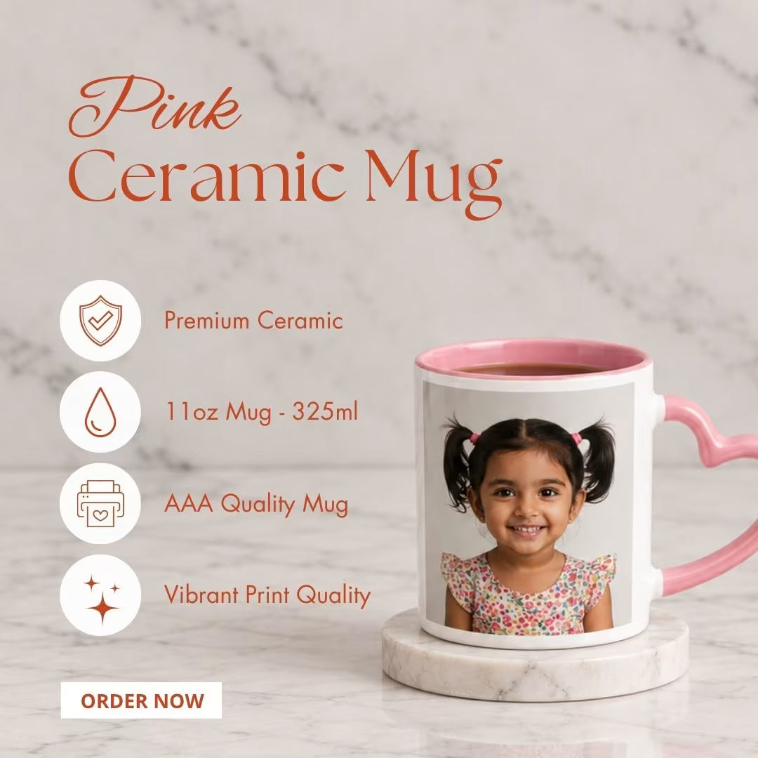Pink Heart Handle Ceramic Photo Mug