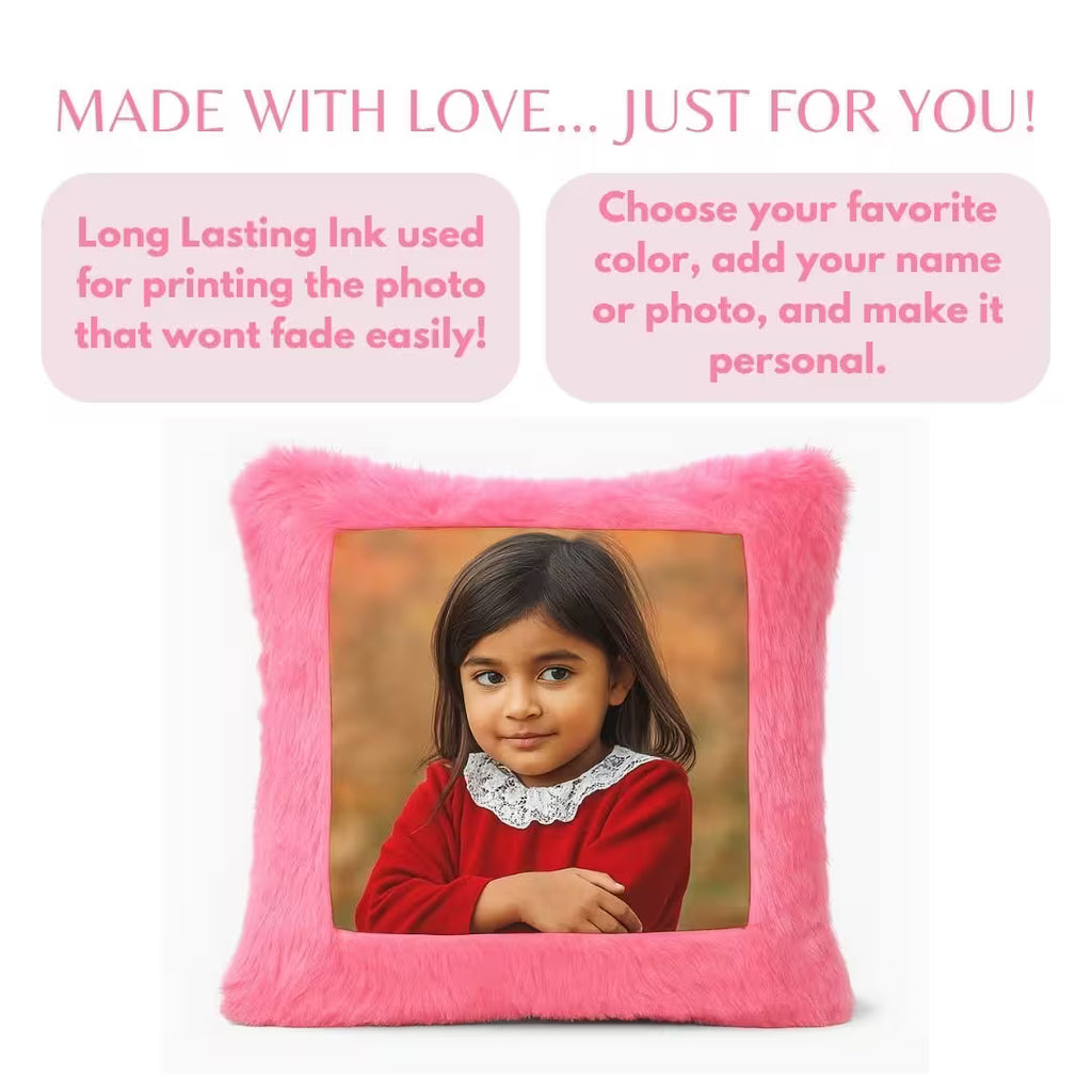 Pink Square Customized Furr Photo Pillow