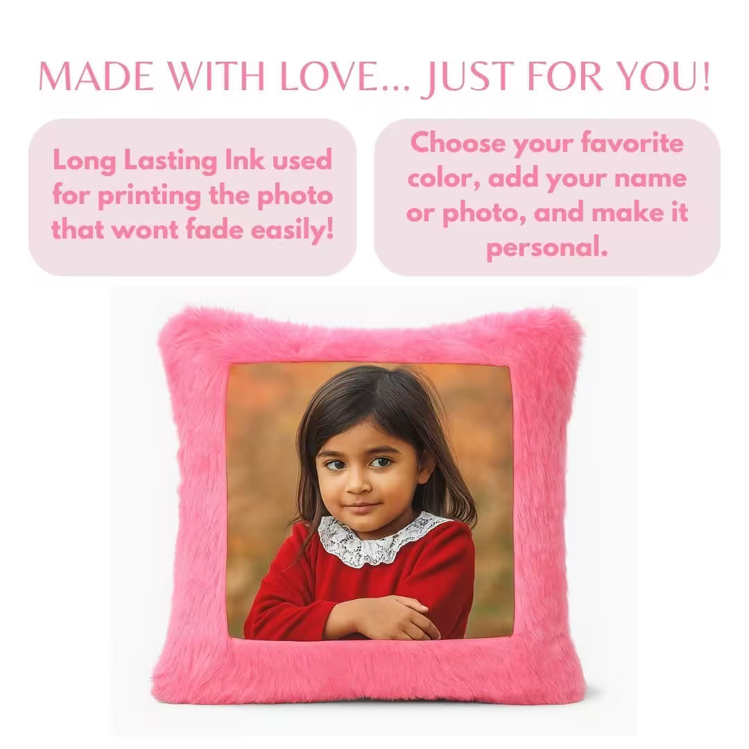 Pink Square Customized Furr Photo Pillow