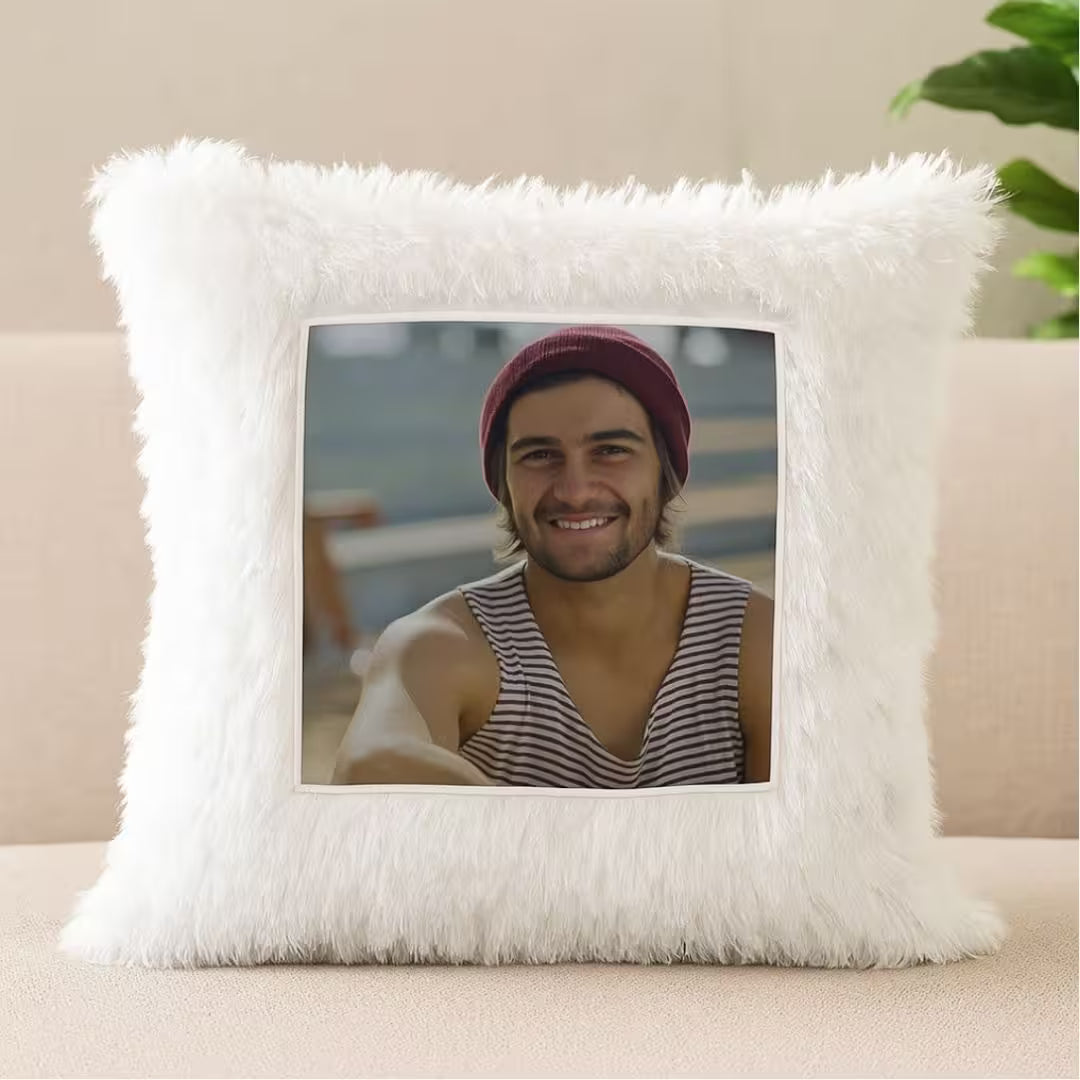 White Square Customized Furr Photo Pillow