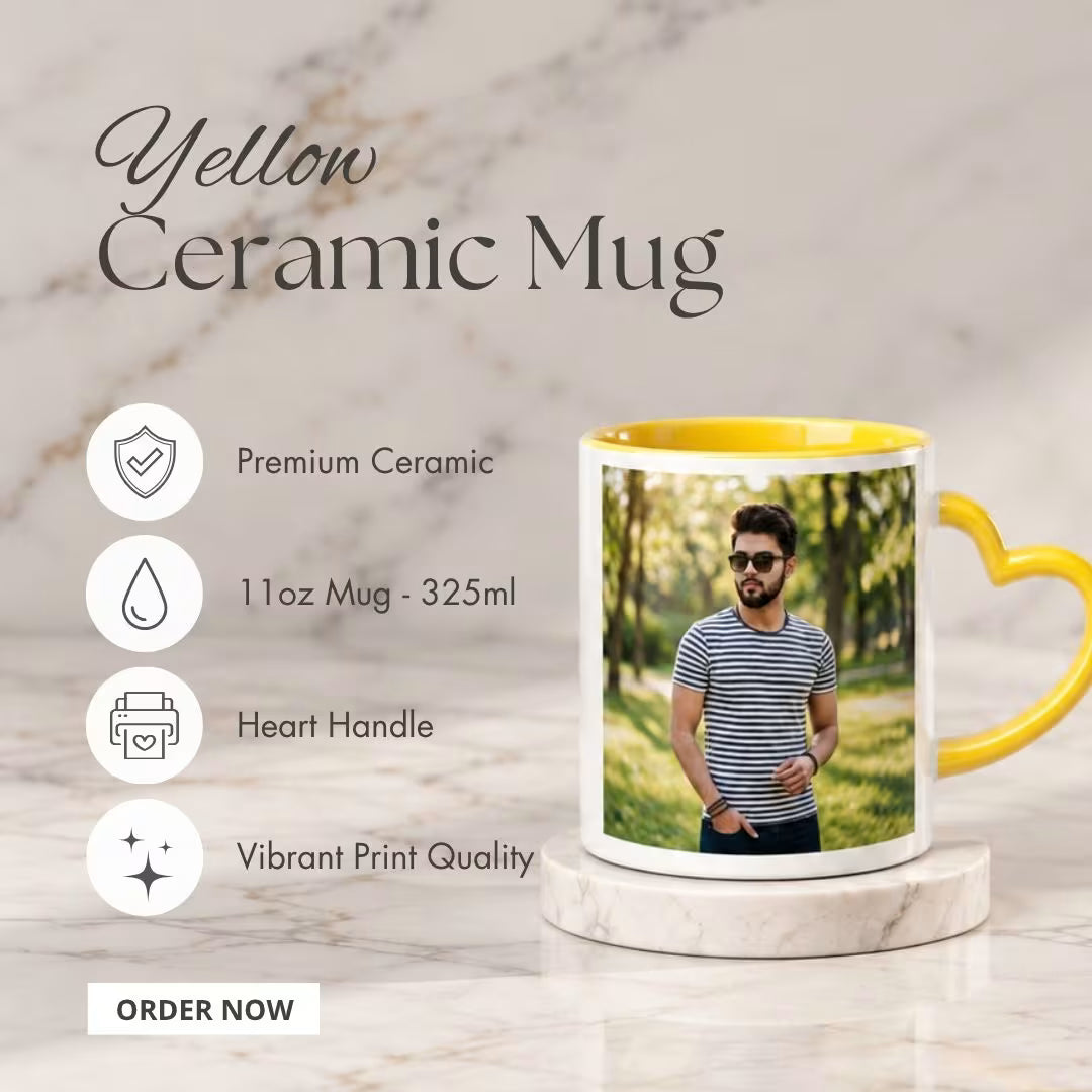 Yellow Heart Handle Ceramic Photo Mug