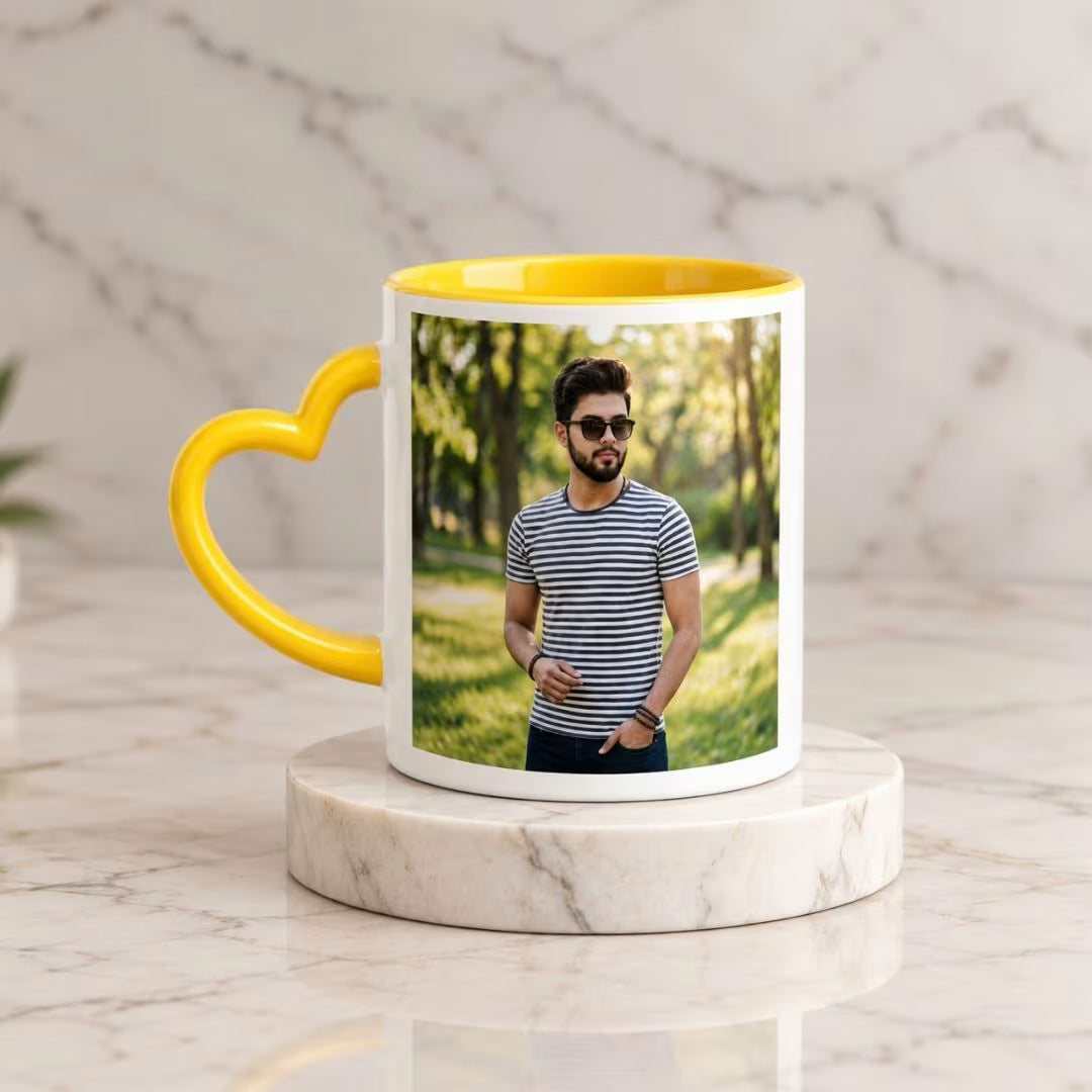 Yellow Heart Handle Ceramic Photo Mug