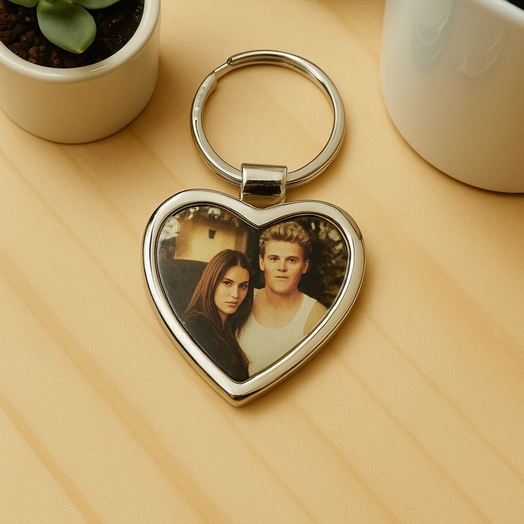 Heart Metal Double Side Photo Keychain