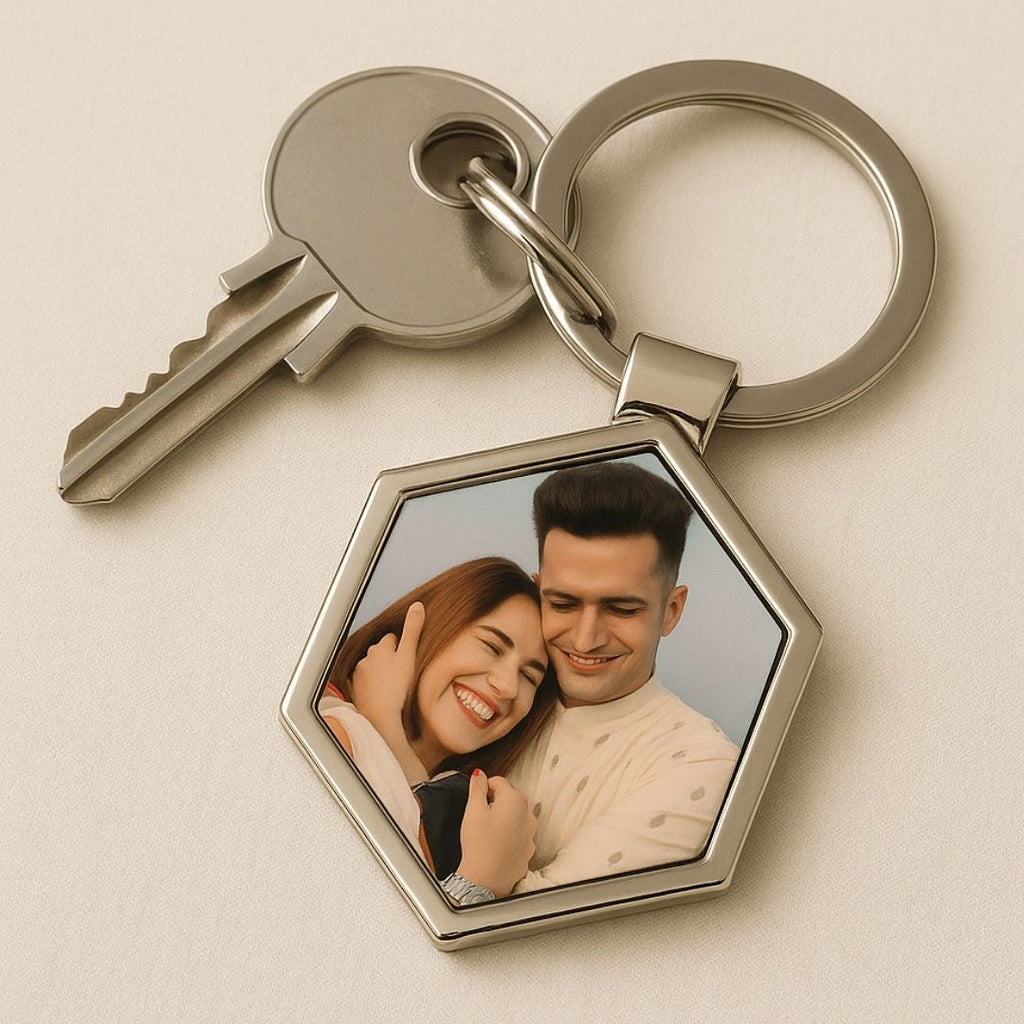 Hexagon Metal Double Side Photo Keychain