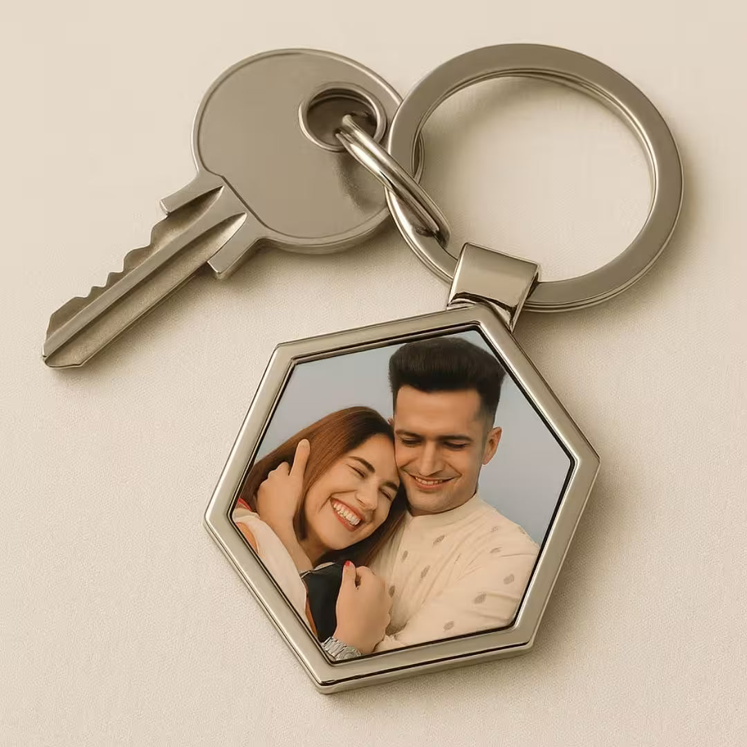 Hexagon Metal Double Side Photo Keychain