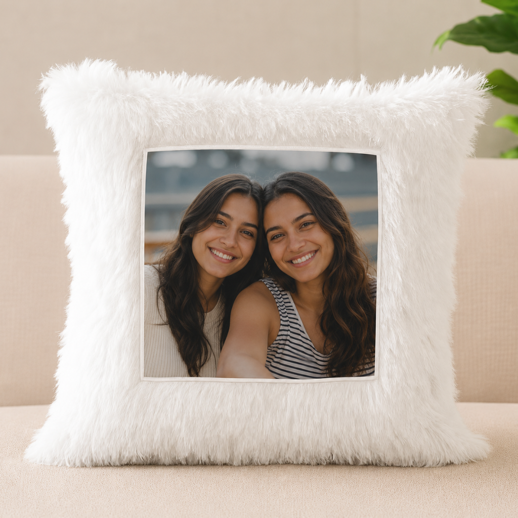 Sisters Photo White Furr Square Shaped Pillow