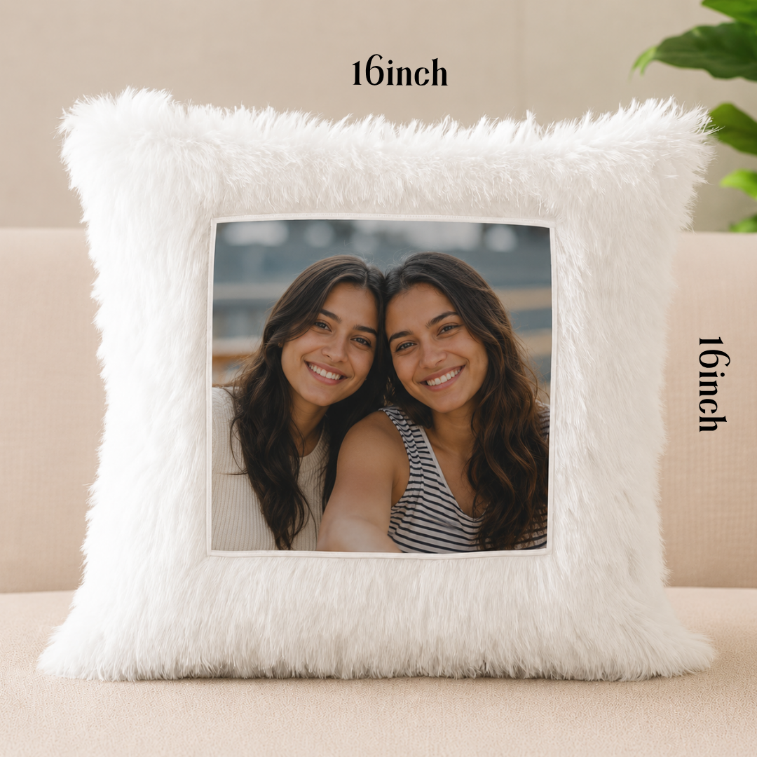 Sisters Photo White Furr Square Shaped Pillow